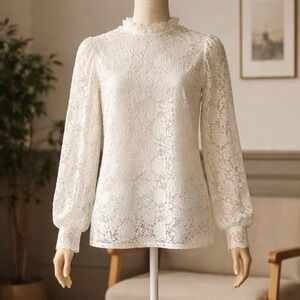Victorian Romantic White Sheer Lace Blouse Mock Neck Prairie Cottagecore